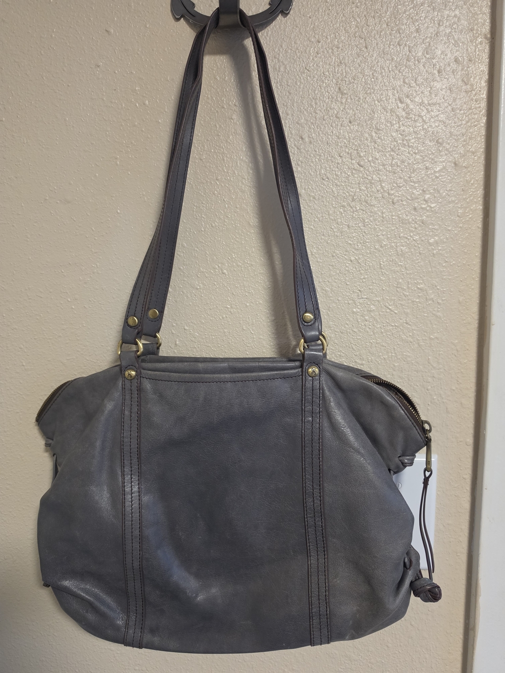HOBO Gray Leather Shoulder Bag with Brass Accents